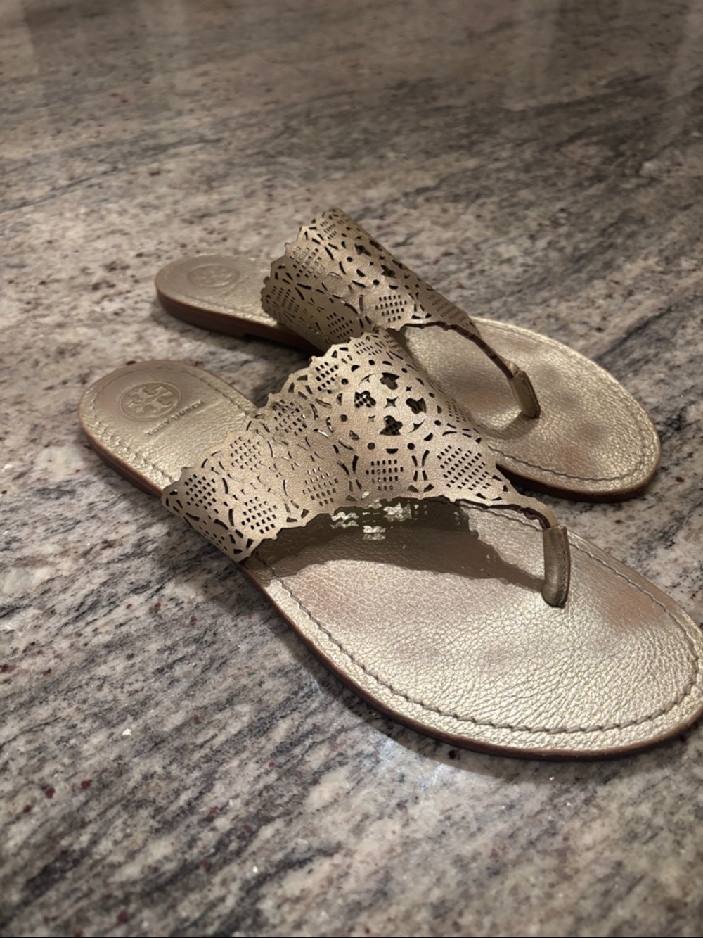 Tory  Burch Metallic Gold Laser-Cut Thong Sandals - Women's